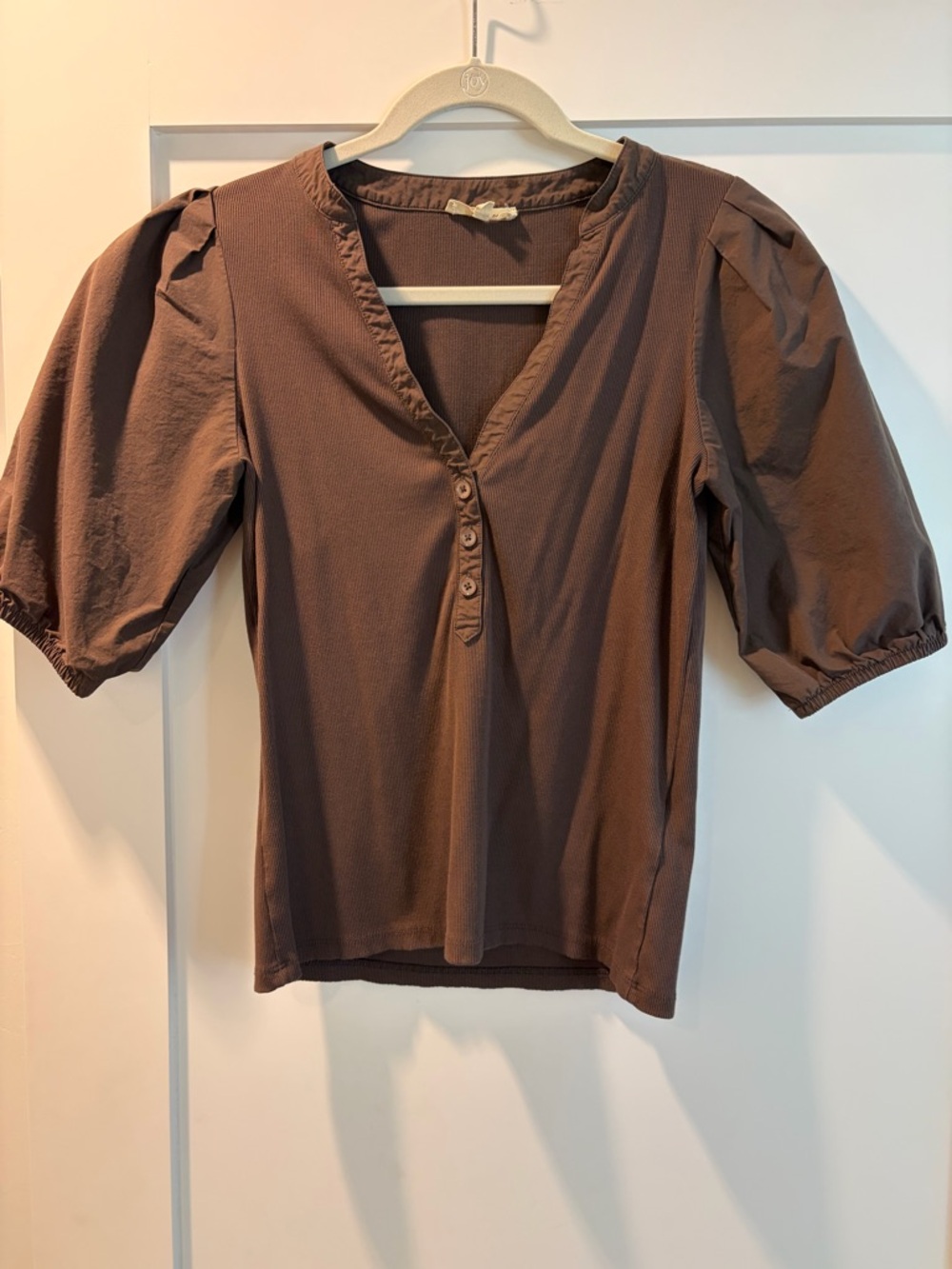 Madewell Brown Puff Sleeve V-Neck Button Top